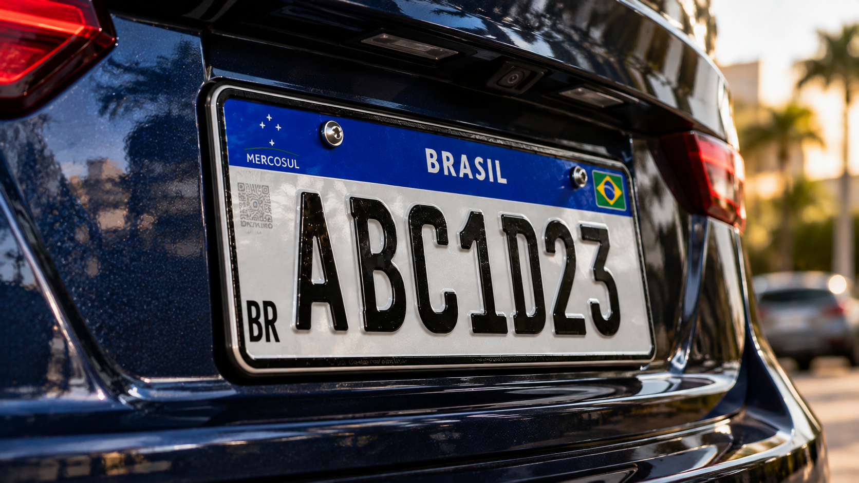 Placa Mercosul brasileira instalada na traseira de um carro azul