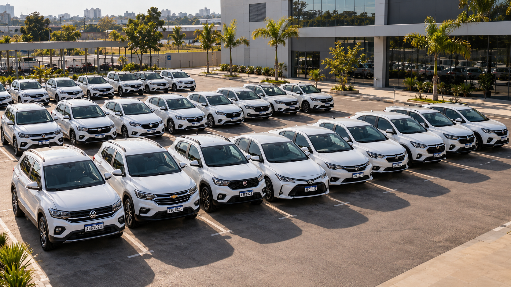 Frota de veículos brancos com placas Mercosul em estacionamento empresarial
